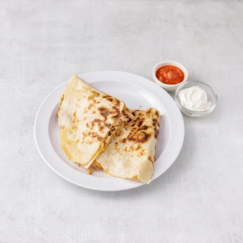 Two golden-brown quesadillas filled with chicken, served on a white plate with salsa and sour cream.