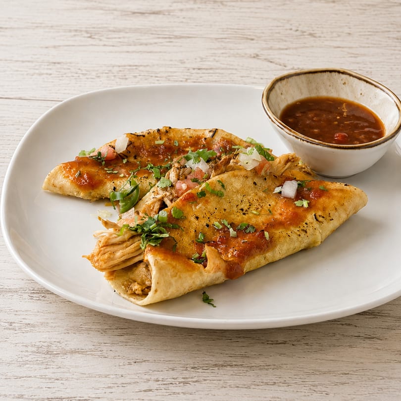 Two golden-brown chicken flautas topped with salsa, cilantro, and diced onions, served with a side of salsa.