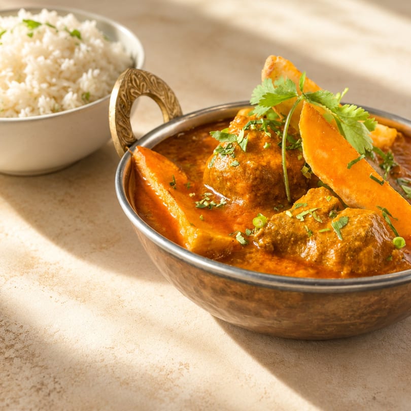 A brass bowl of chicken curry with sweet potato and cilantro, next to a bowl of white rice.