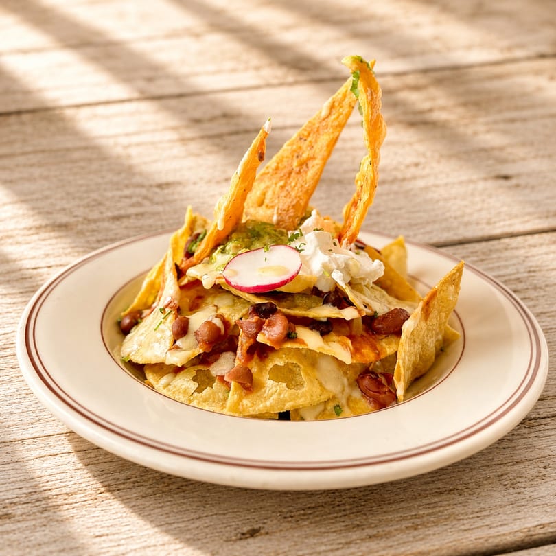 A plate of nachos with beans, cheese, guacamole, sour cream, and a radish slice.