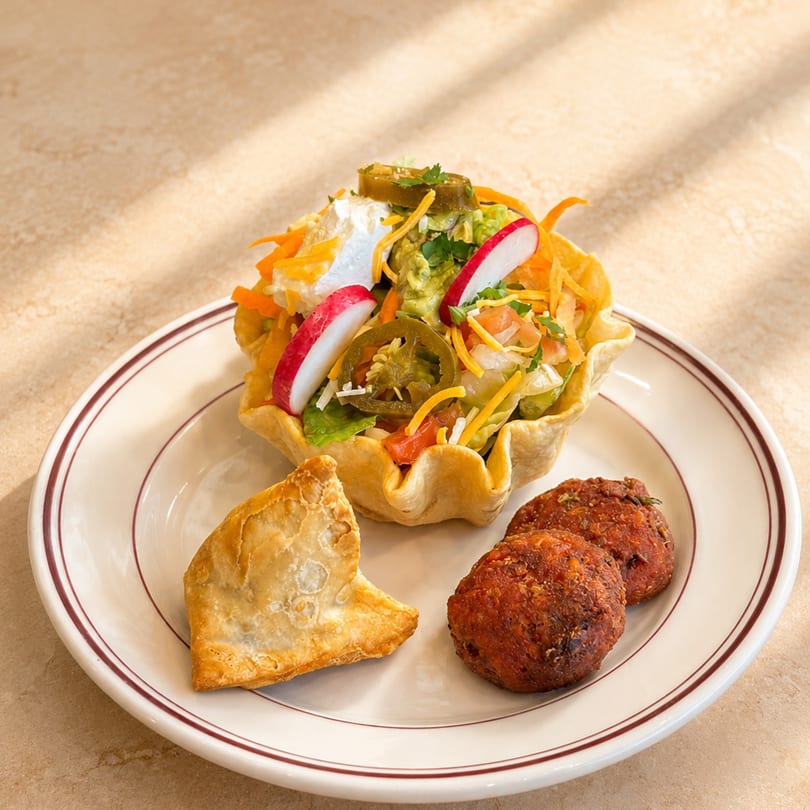 Taco salad in a crispy shell with empanada and two fried patties on a white plate.