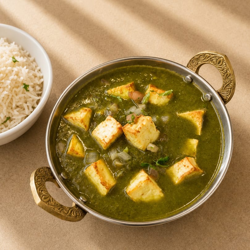 Palak Paneer, a vibrant green Indian curry with paneer cubes, served with a side of white rice.