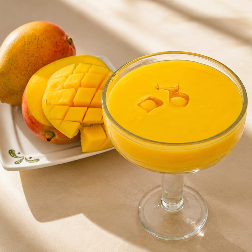 A glass of mango lassi with mango chunks, next to sliced and whole mangoes on a plate.